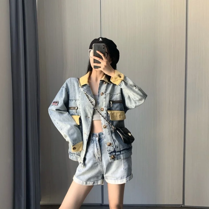 Women Fashion Denim Jacket 2022 Autumn Design Splice Loose Fit Single Breasted Casual Short Coat Vintage Female Bomber Jackets