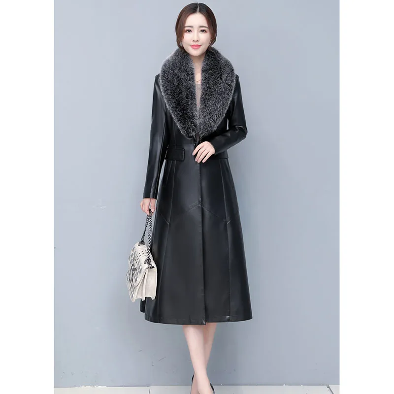 High Quality Women's Leather Coat 2022 Spring Autumn Winter Coat Long Over The knee Leather Jacket Slim Women Windbreaker 5XL