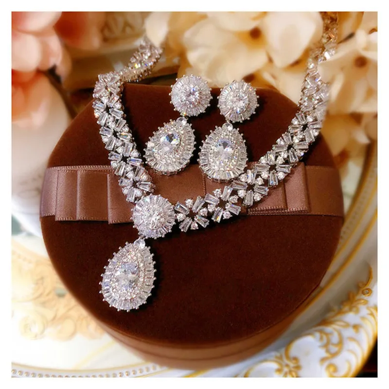 CC Bridal Jewelry Sets Stud Earring Necklace Crown Tiara 3pcs Wedding Accessories for Women Luxury Engagement Bijoux CCAS225