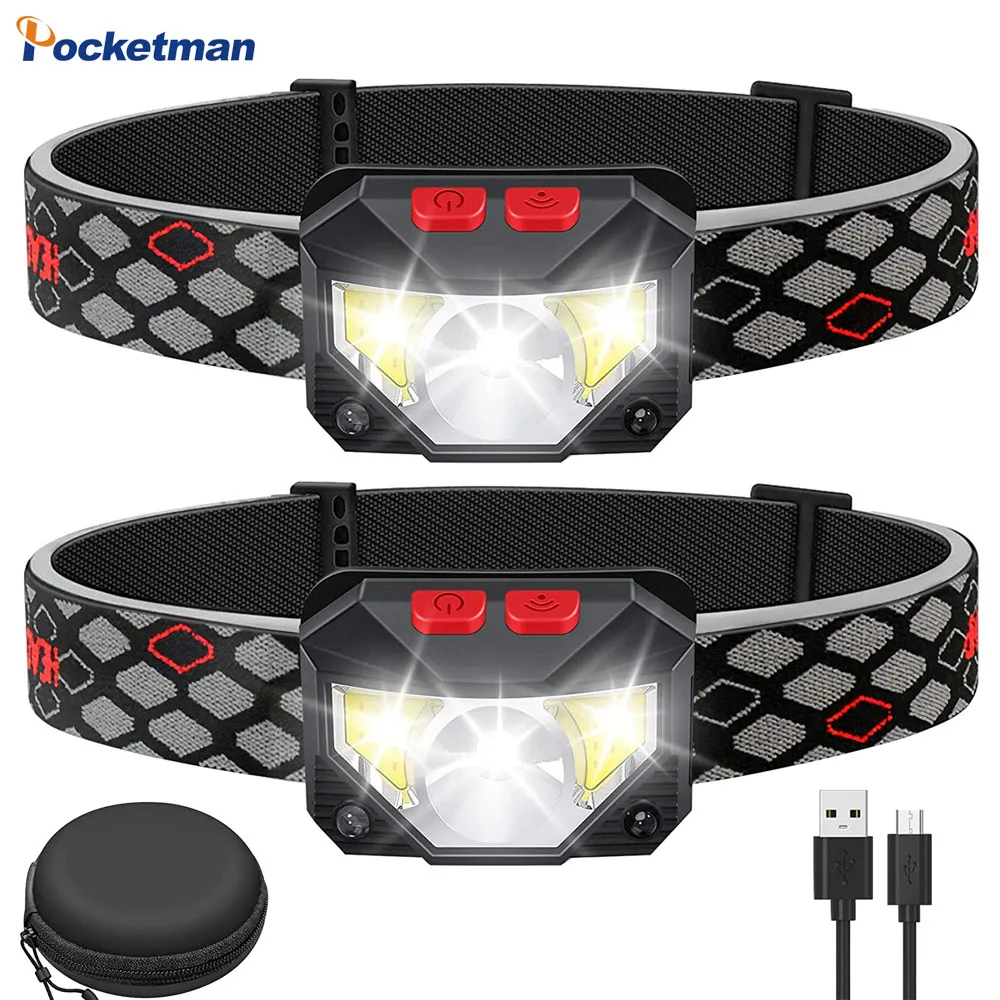 

Powerful LED rechargeable headlamp 2 packs of waterproof head lamp motion sensor headlight Long battery life for running camping