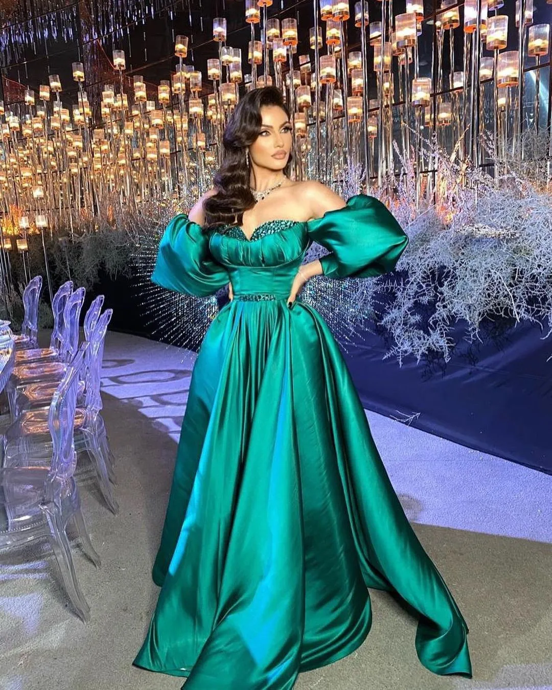 

BridalAffair 2022 Elegant Green Satin Prom Dresses Puffy Sleeves Sweetheart Crystals Beaded Long Ball Gown Arabic Evening Gown