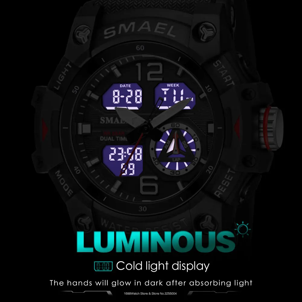 SMAEL Dual Time LED Display Watch for Men Military Sport Digital Watches Women Unisex Waterproof Auto Date Week Wristwatch 8007