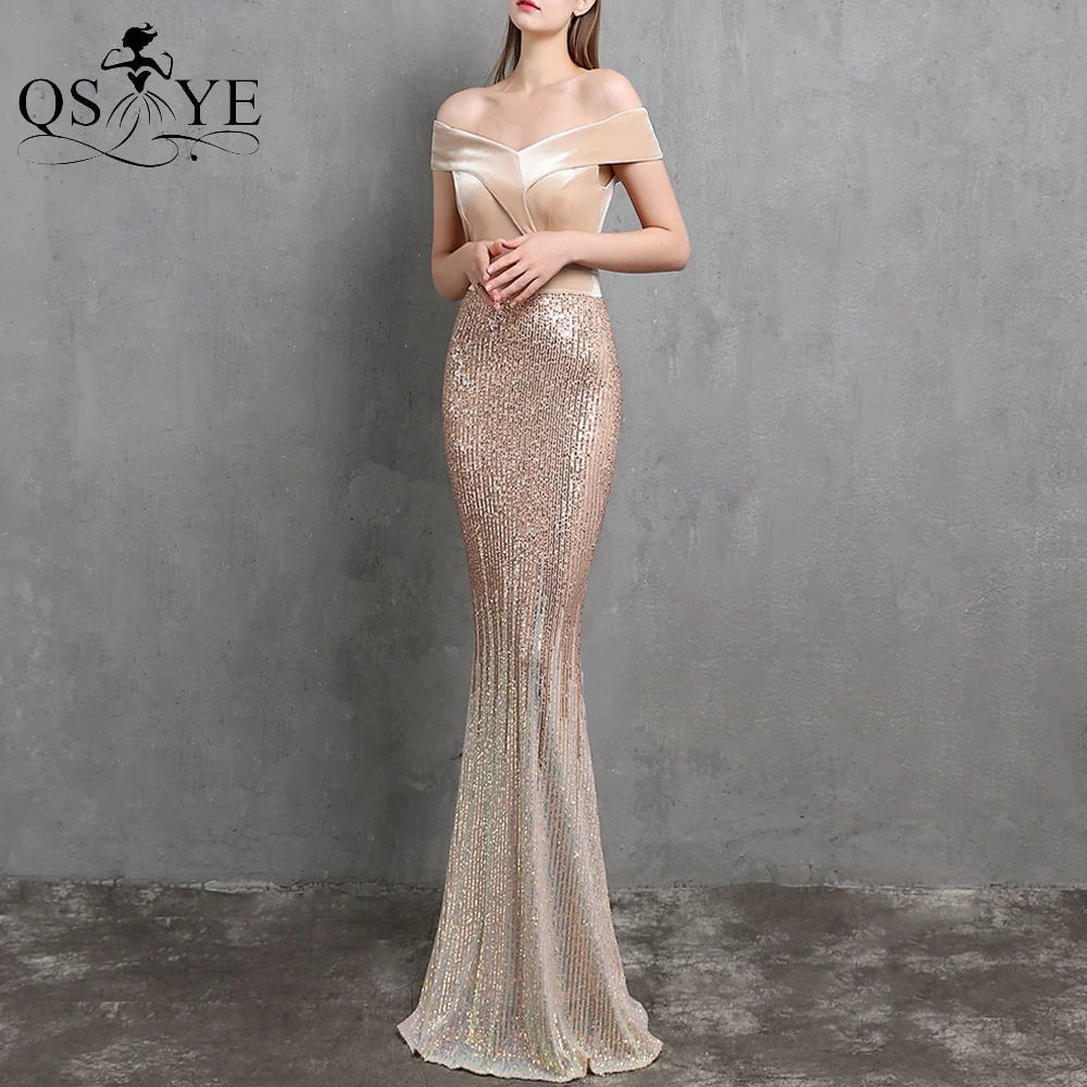 Champagne Abendkleider Mermaid Off Schulter Pailletten Abendkleid Samt Elegante Party Kleid Pailletten Seite Ärmeln Formale Kleid