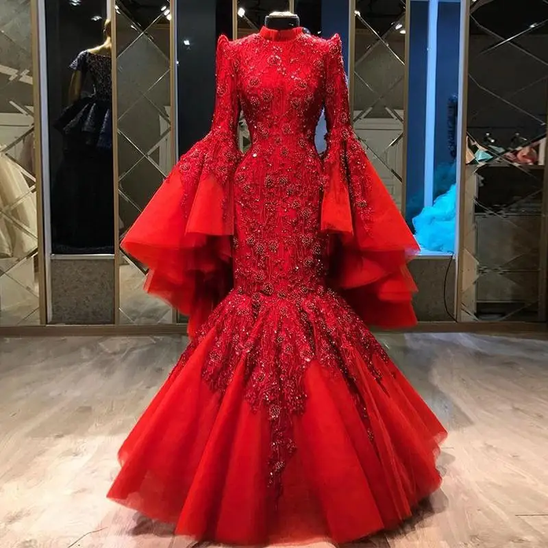 Vestidos de Noche musulmanes de sirena roja de lujo, cuello alto, asimétrico, manga larga, cuentas, vestidos de noche formales, vestido de graduación de talla grande