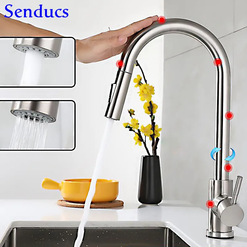 

Touch Kitchen Faucet Senducs Brushed Nickel Pull Out Kitchen Sink Faucet Smart Touch Kichen Mixer Tap Hot Cold Sensor Faucets