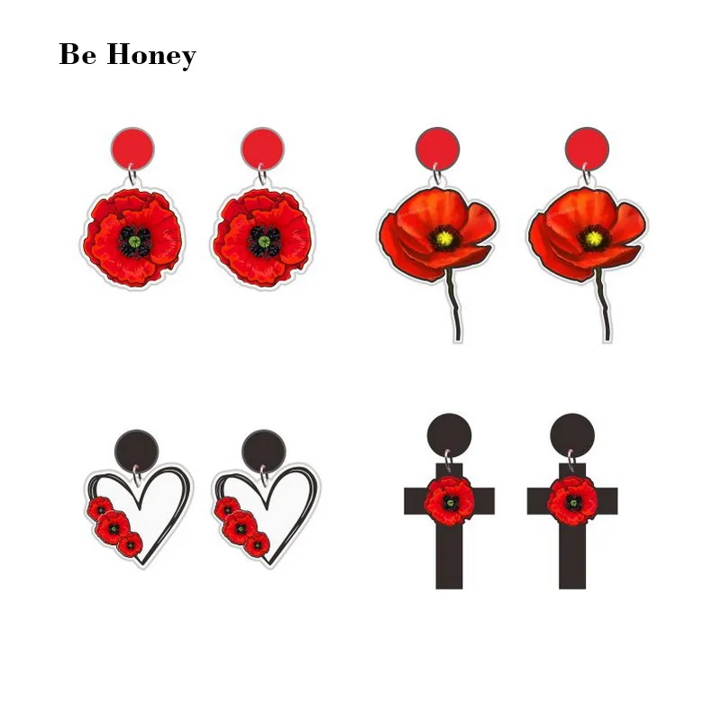 Red Poppy Blume Schwarz Kreuz Herz Form Kreis Mit Blumen Acryl Stud Ohrringe Romantische Mohnblumen Bouquet Brosche Schmuck Geschenke