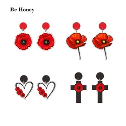 Red Poppy Flower Black Cross Heart Shape Circle With Flowers Acrylic Stud Earrings Romantic Poppies Bouquet Brooch Jewelry Gifts