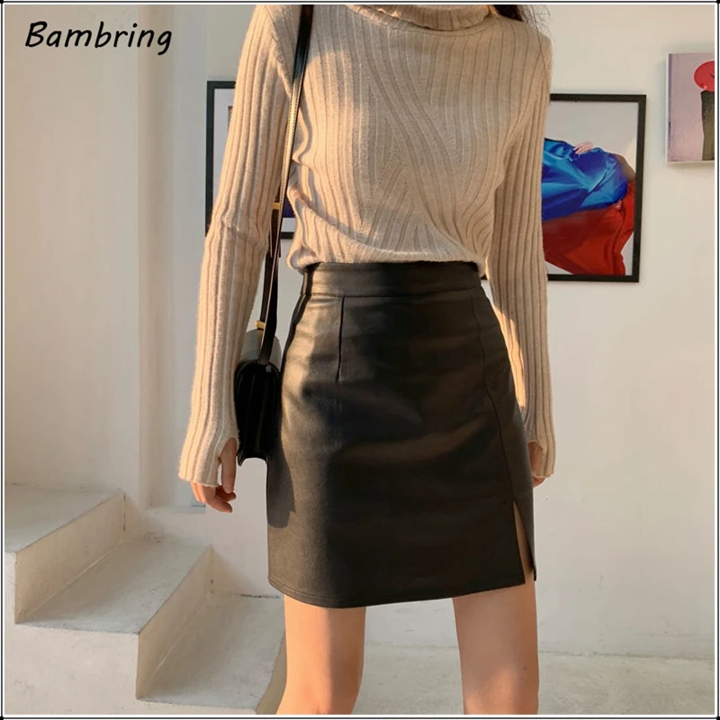 

High Waist Split Pu Leather Zipper Skirt Pencil Women Bodycon A-line Black Sexy Mini Skirts Vintage Lady Stretch Autumn 2020 New