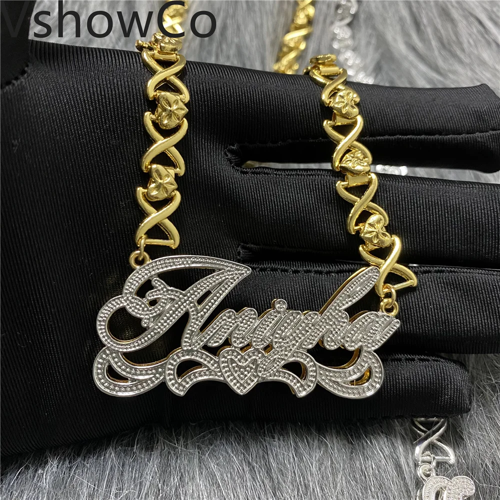 

VishowCo Double Layer Customized Name XOXO Necklace Gold-Plated Nameplate Fashion Personalized Stainless Steel Necklace