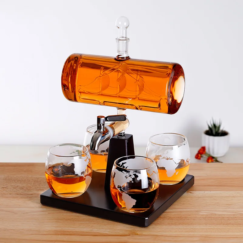 Glass Decanter Wine Container Set Home Bar Accessories Whiskey Decanter With Faucet Cup Wooden Stand Set Pourer Gift Glassware