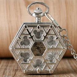 Reloj de bolsillo mecánico Unisex con forma hexagonal hueca plateada, bobinado a mano, cadena colgante, esqueleto, número Romano, esfera, reloj