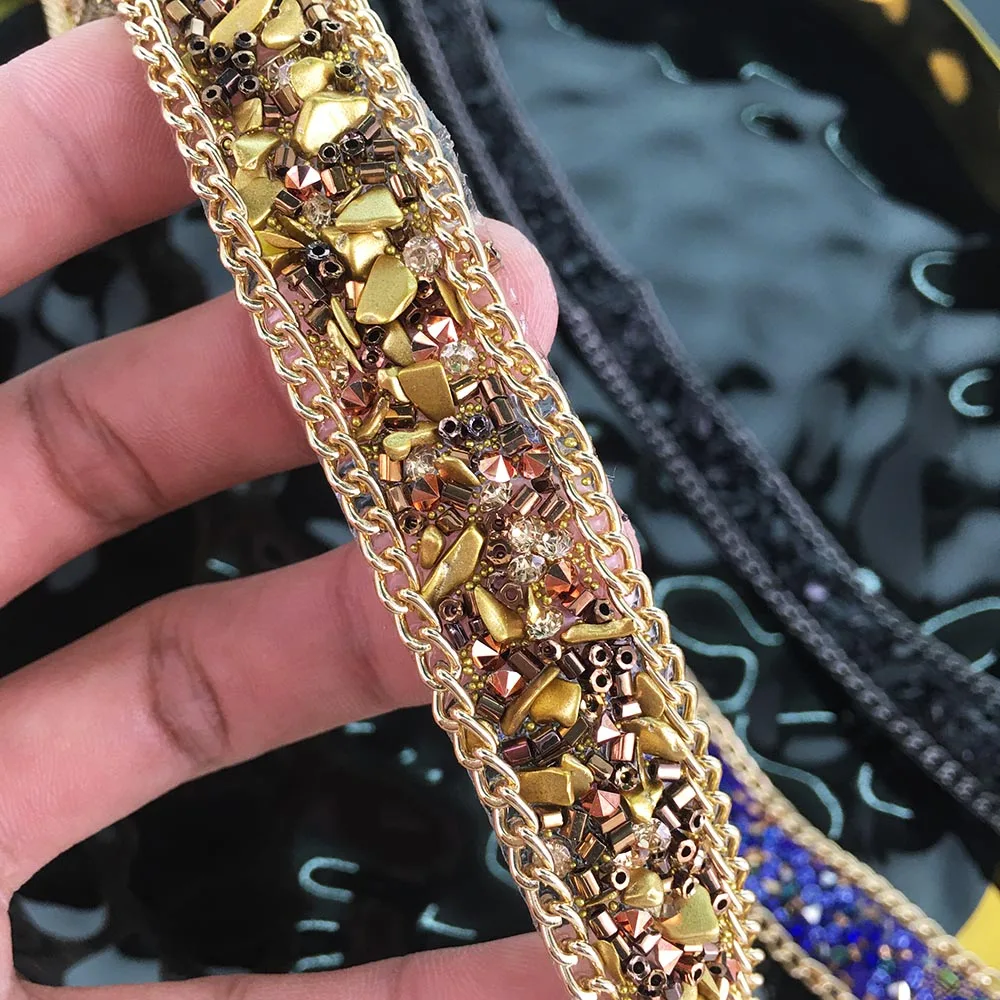 2yard black blue gold crystal rhinestone trimmed chain ribbon for dresses, bags, shoe accessories TZ131415