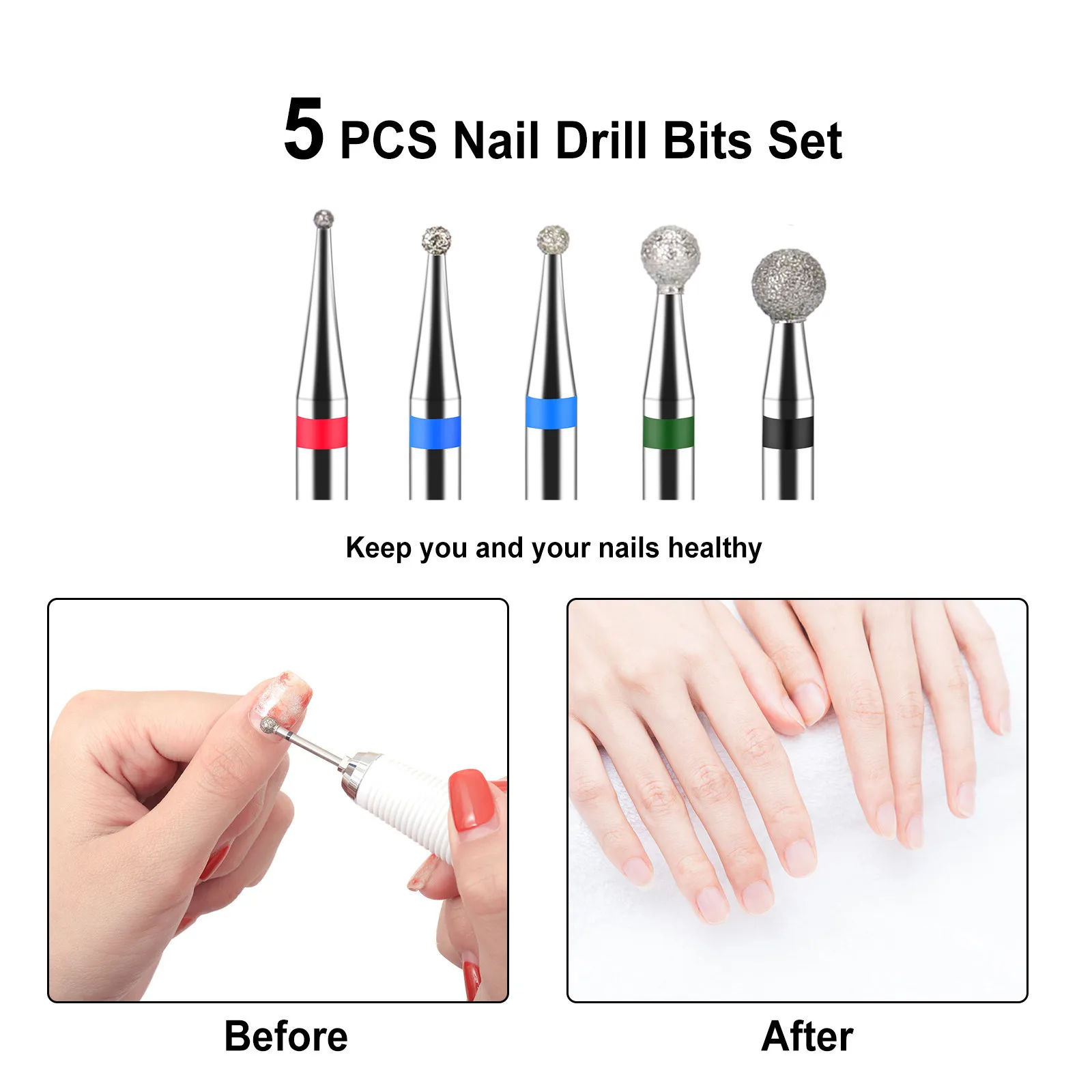 BNG 5PCS Cuticle Cleaner Bits Diamond Nail File Drill Ball Head Rotary Burr Set 3/32" Drill Bit for DIY Nail Art Salon Manicure