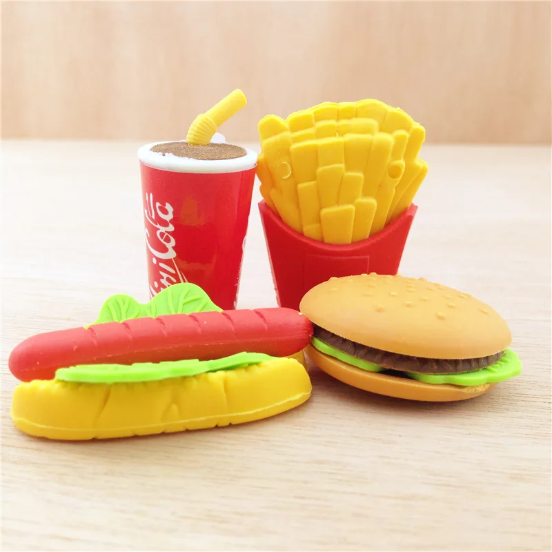 4 Pcs Erasers Creative Fast Food Hamburger Hot Dog Fries Eraser Student Study Stationery School Office Supplies Gift Wholesale