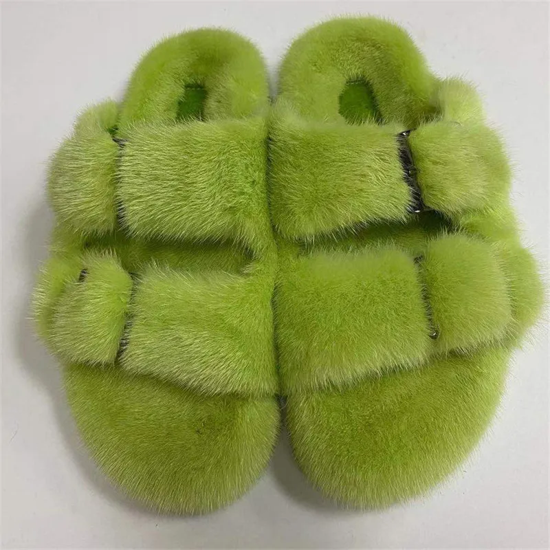 

Hot Sale Women's Fluffy Fur Slippers 100% High Quality Mink Slippers Flat Casual Fashion Sandals