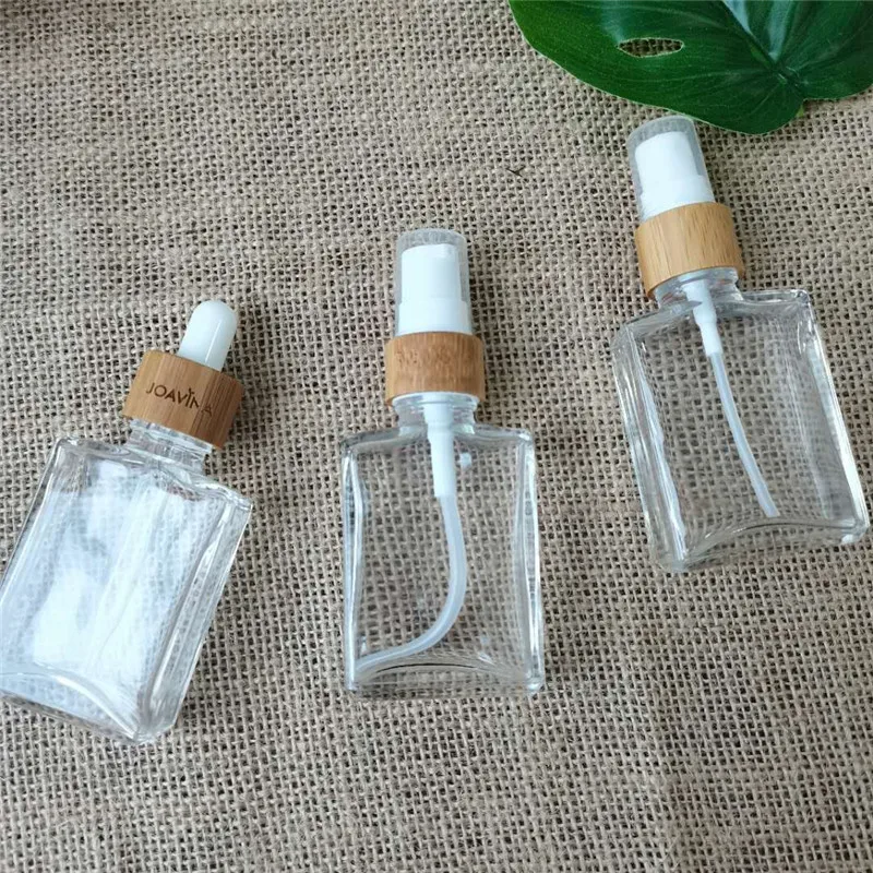 

30ml square clear glass dropper bottles rectangle glass dropper bottles with bamboo wood dropper cap perfume bottle refillable