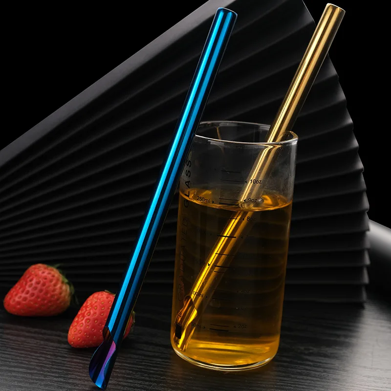 1Pcs Drinking Straw Reusable Metal Straw Set with Brush Bubble Tea Straws 304 Stainless Steel Milkshake Smoothie Straw Spoon