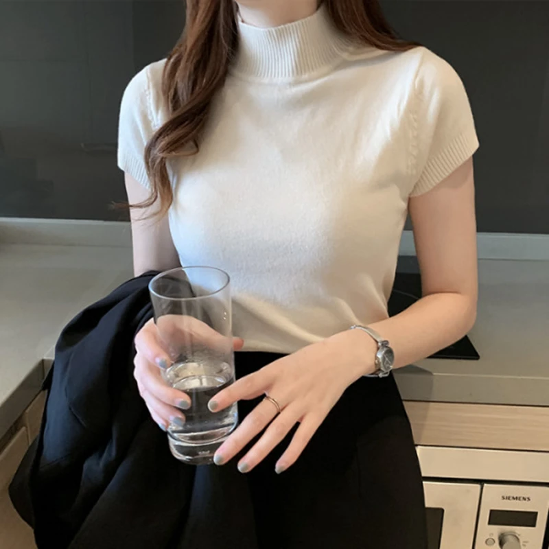 Gkfnmt-suéter de cuello alto de manga corta para mujer, Jersey de punto coreano, Tops básicos finos, 2021