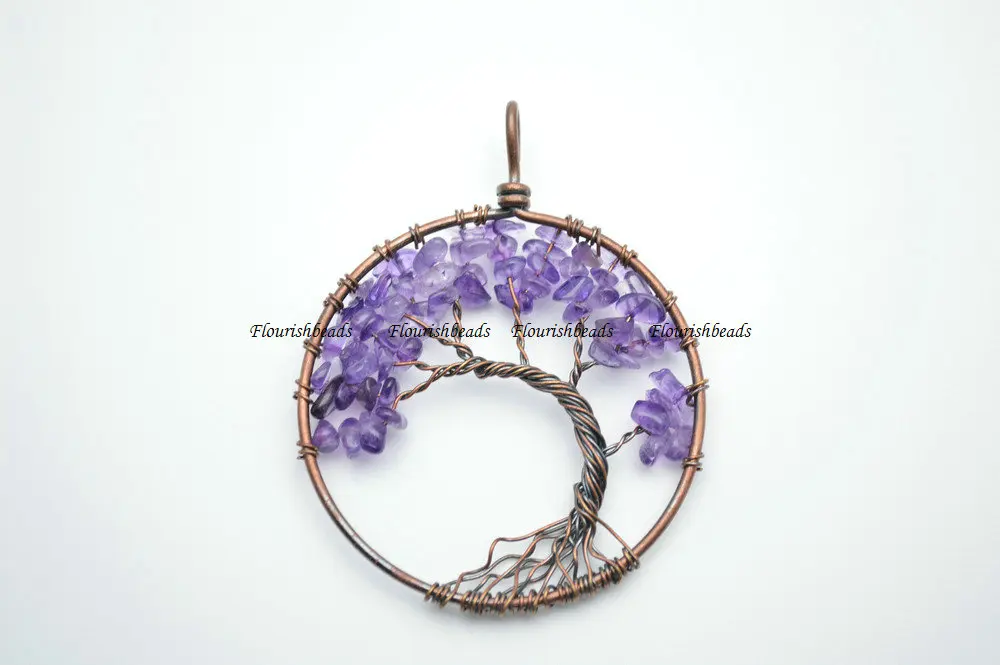 High quality Natural amethyst Stone Chips antique copper color wire wrapped Life Tree Metal Pendant