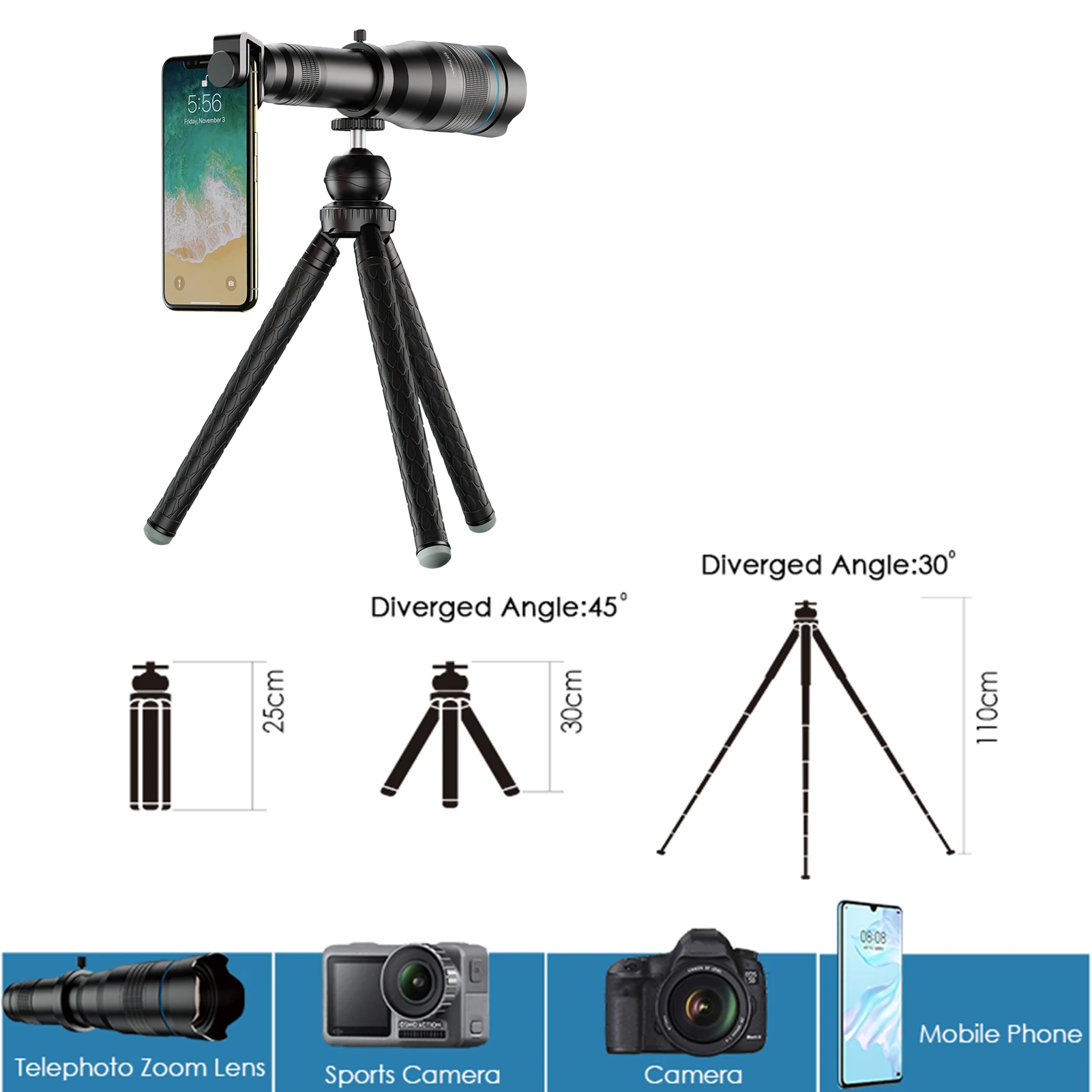 HD 60X 단안 망원경 망원 렌즈, 전화 클립 삼각대 및 보관 가방 포함, 아이폰용 전문 휴대폰 카메라 렌즈