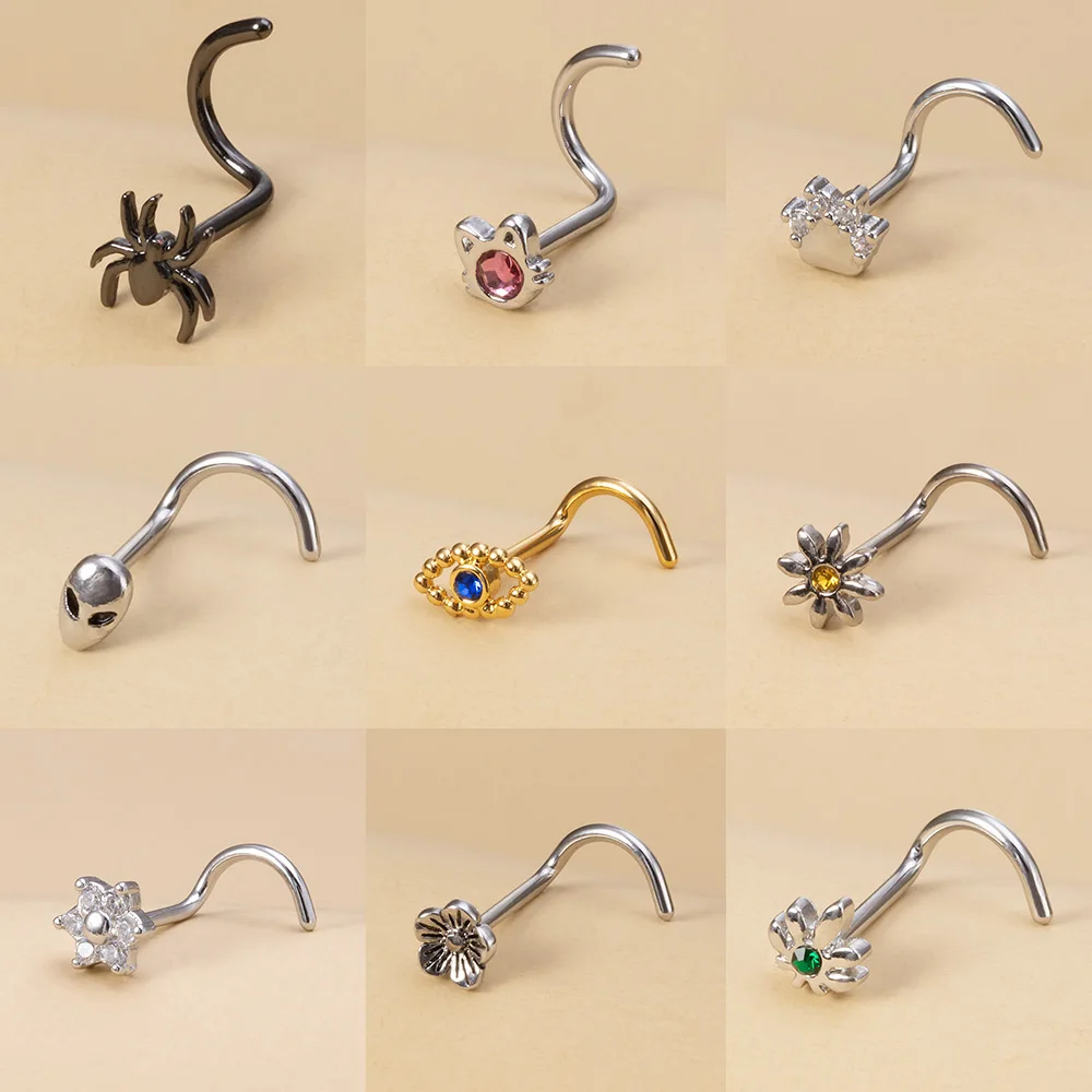 1PC 20G Surgical Steel Nose Stud Rings for Women Girl Eye Cat Flower Alien Paw Spider Screw Bend Nose Piercing Jewelry Punk Gift