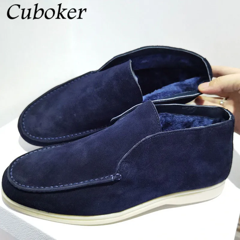 Brand Runway Blue High Top Men Fur Loafers Kid Suede Autumn Winter Warm Flat Shoes Slip On Lazy Male Causal Shoes For Men