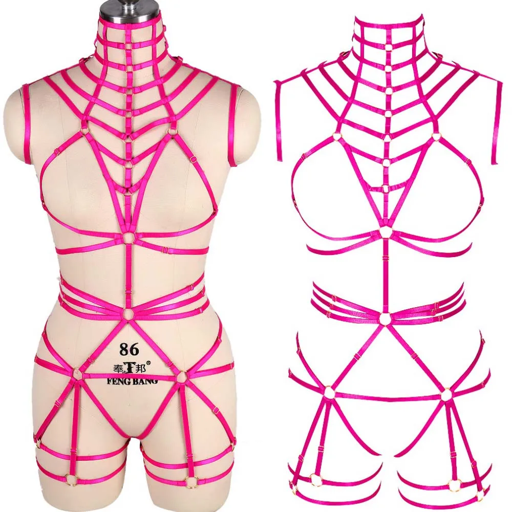 

Sexy Harness Bodysuit Bondage Lingerie Woman Hollow Body Cage Goth Leg Ring Garter Body Harness Bra Red Elastic Adjust Bra