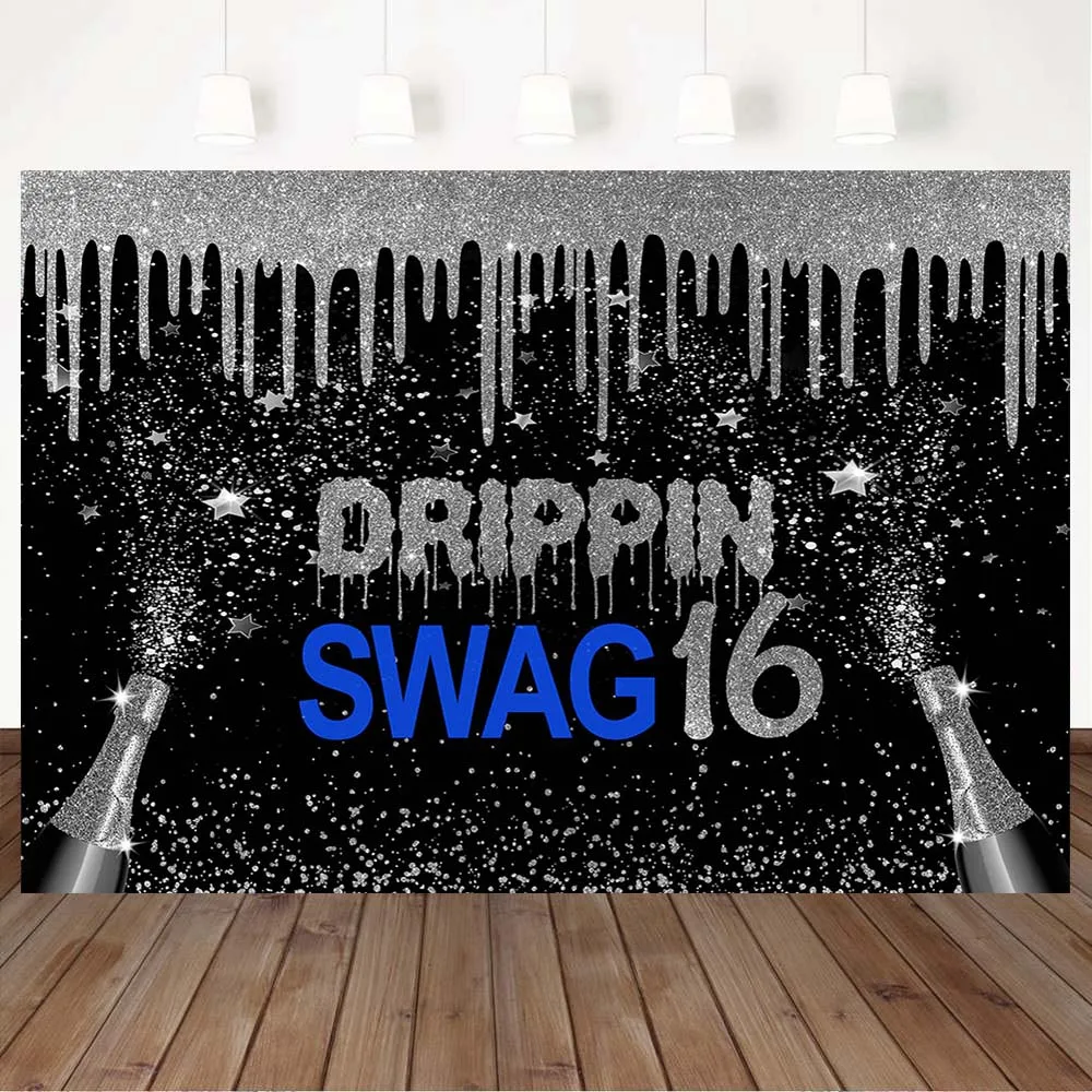 Mocsicka-ドリッピンスワッグの背景、16の誕生日パーティーの写真の背景、装飾、シャンパン、金、銀、星、写真アクセサリー