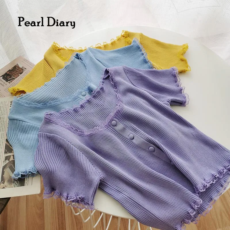 

Pearl Diary Women Summer Crop Rib Knitted Shirts Solid Color Short Sleeve Lettuce Edge Sweet Crop Tops Fabric Covered Buttons