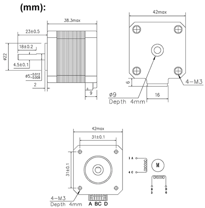 1.3A 4.3V 2 phase 4 wire hybrid 42 stepper motor 17HS4401S-0.9° for 3D printing and carving machine