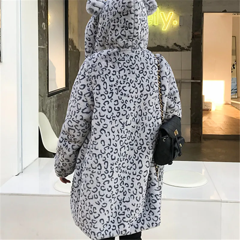 Korean Fashion Winter Thick Warm Gray Leopard Hooded Faux Fur Coat Women Long Overcoat Casual Loose Coath Fur Jacket Female