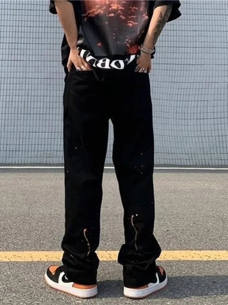 ICCLEK Spring and Autumn High Street Jeans Splashed Ink Jeans Men's Straight Pants Loose Casual Pants Men Fashion  Punk Pants