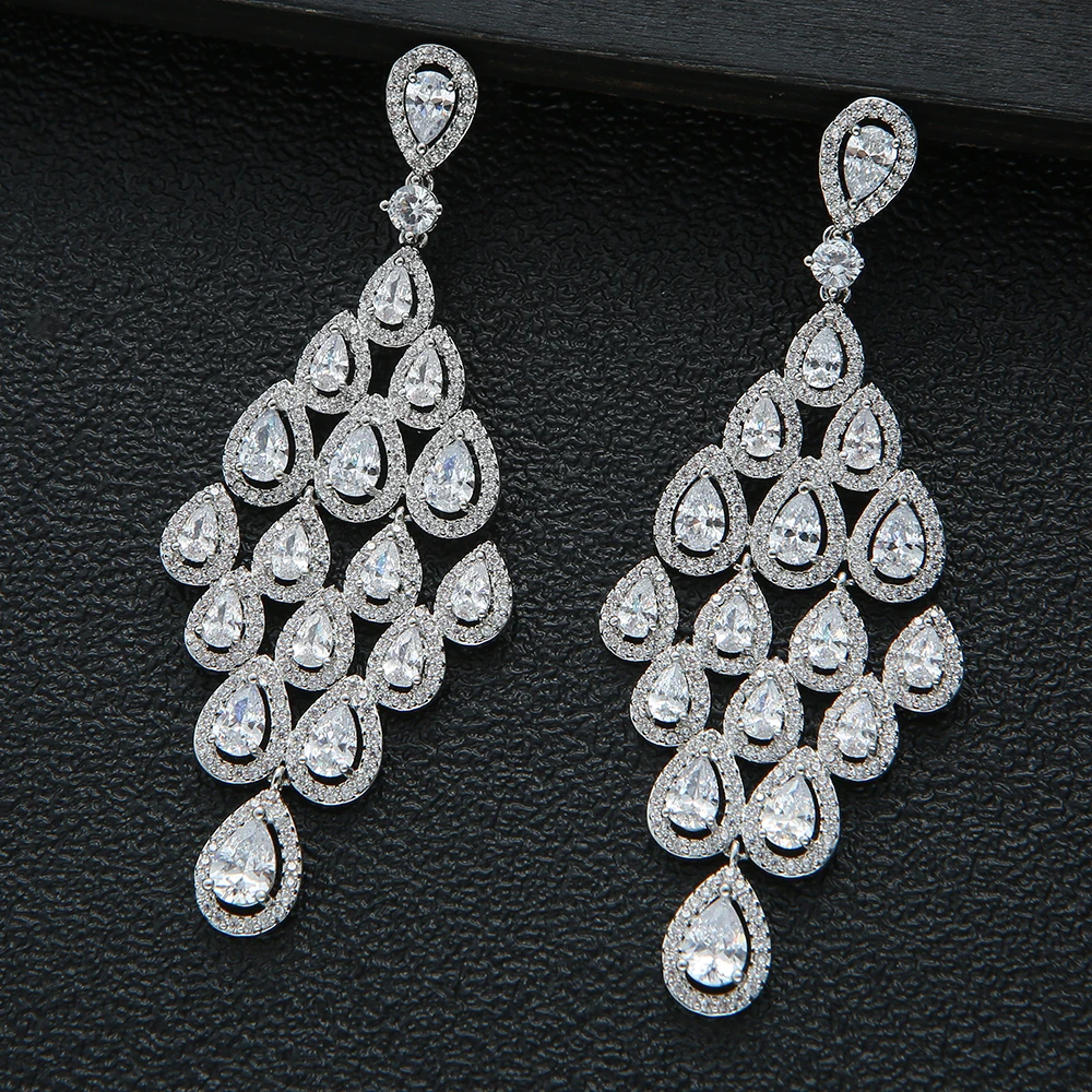 

76MM Luxury Water Drop Pear Cut Cubic Zirconia Anniversary Dress Party Bridal Earrings Dubai Women Drop Earrings E6513