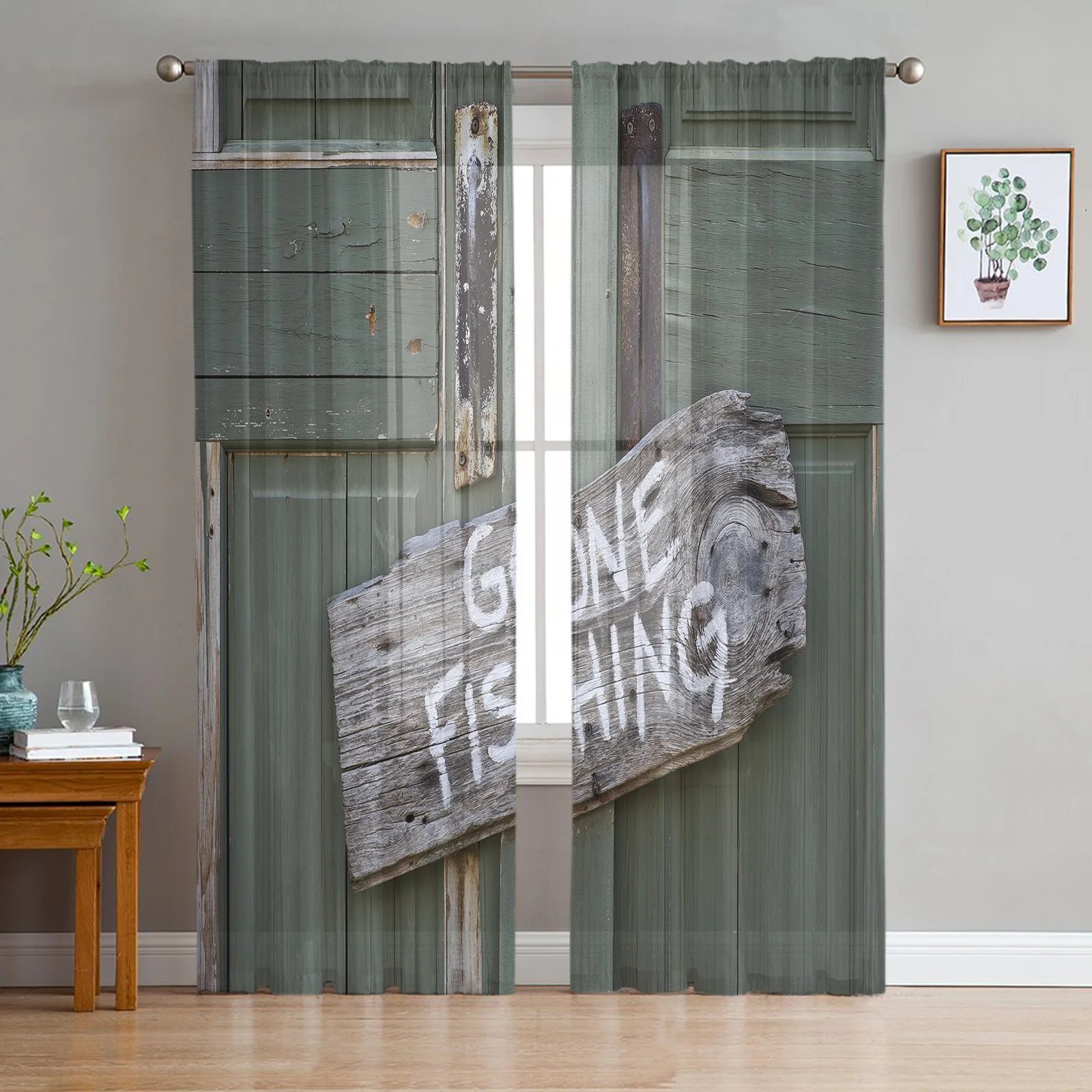 Retro Wooden Door Handle Fishing Close Sheer Curtains for Living Room Modern Voile Curtain Bedroom Tulle Curtains Window Drapes