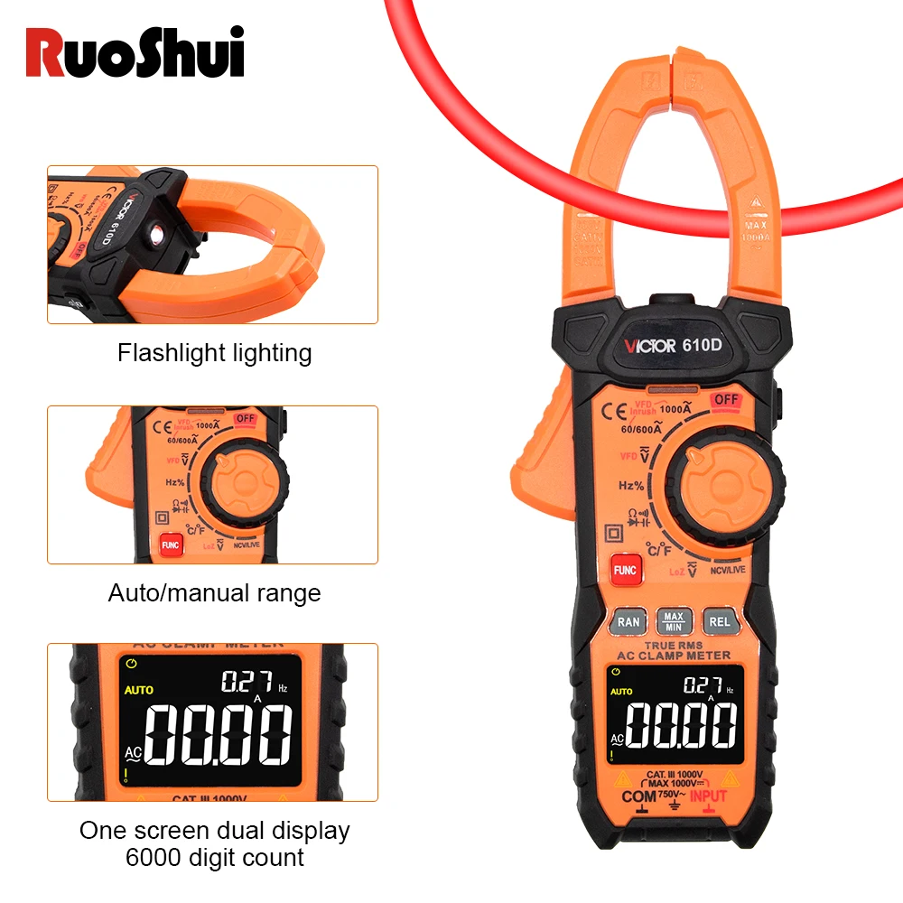 Imagem -05 - Digital Clamp Meter 1000v 1000a ac dc True Rms Professional Pinza Capacitância Ohm hz Vfd Multímetro Ruoshui610d