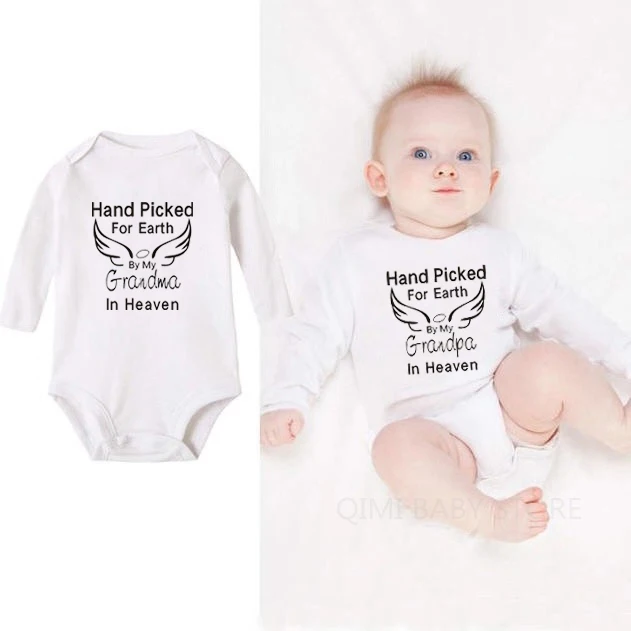 Newborn Cotton Romper Hand Picked for Earth By My Grandpa/Grandma In Heaven Long Sleeve Jumpsuit Toddler Infant Boy Girl Clothes