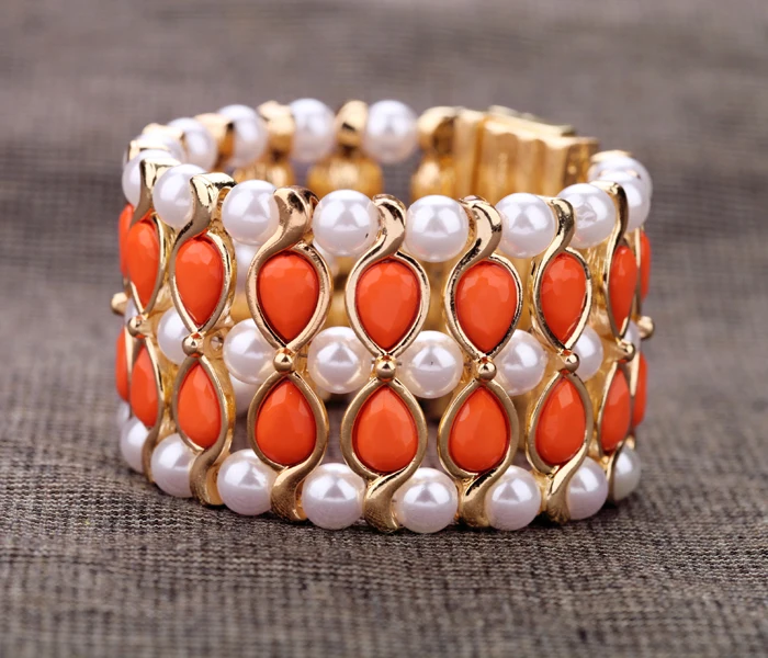 Orange Resin Bead Magnet Bangle Imitation Pearl Chains Charm Bracelet For Women Party Statement Wide  Jewelry