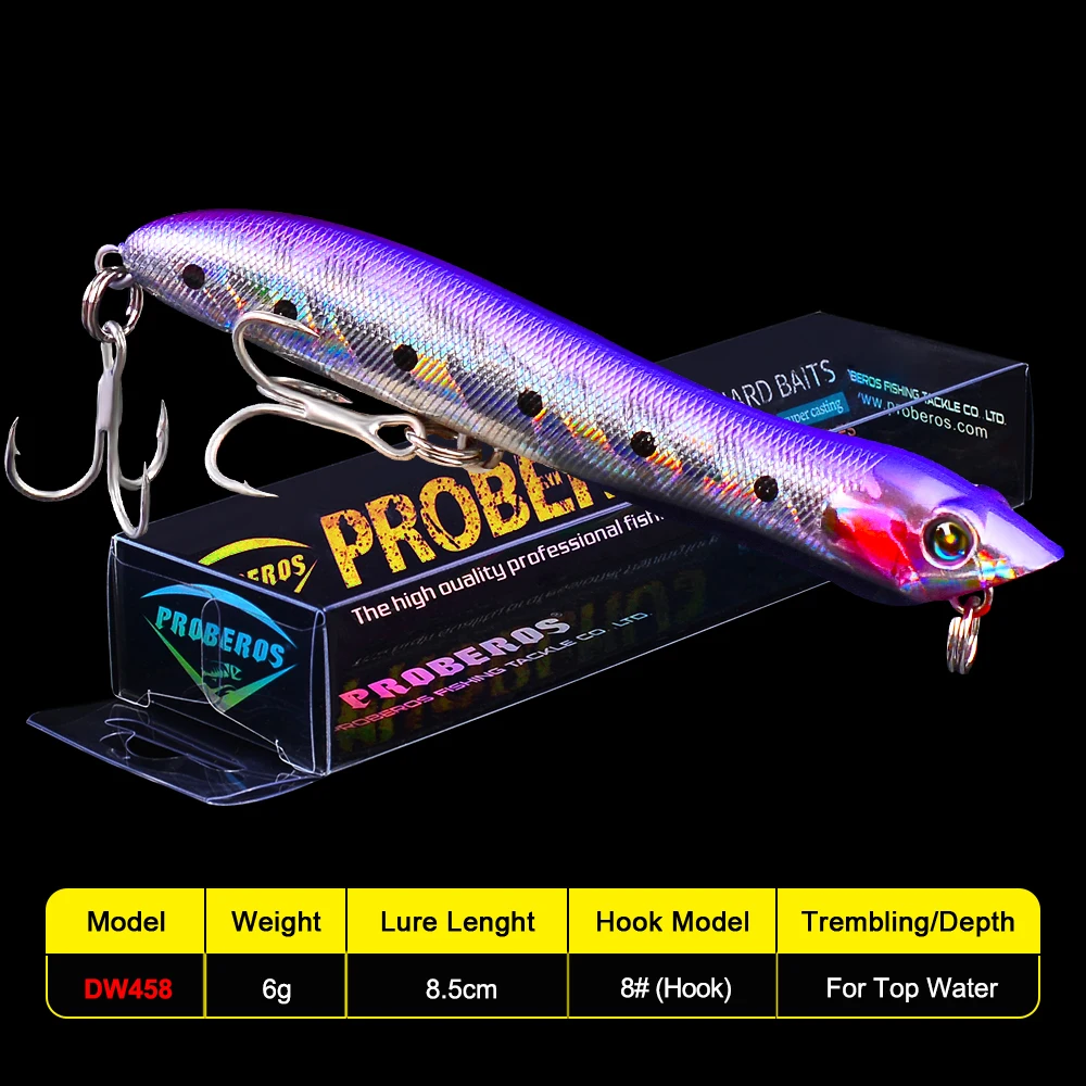 PROBEROS Popper Fishing Lures 9 Colors Bass Baits 0.21oz-6g Top Quality Lures 8.35cm Fishing Tackle 8# BKB hook Lure