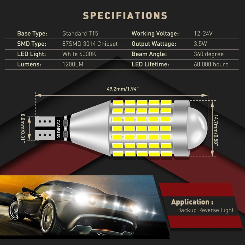 1pcs 1200LM W16W T15 LED Bulb Canbus Car Backup Reverse Light For Mercedes Benz AMG CLA W203 W211 W204 W210 W124 W212 W202 W205 view 3