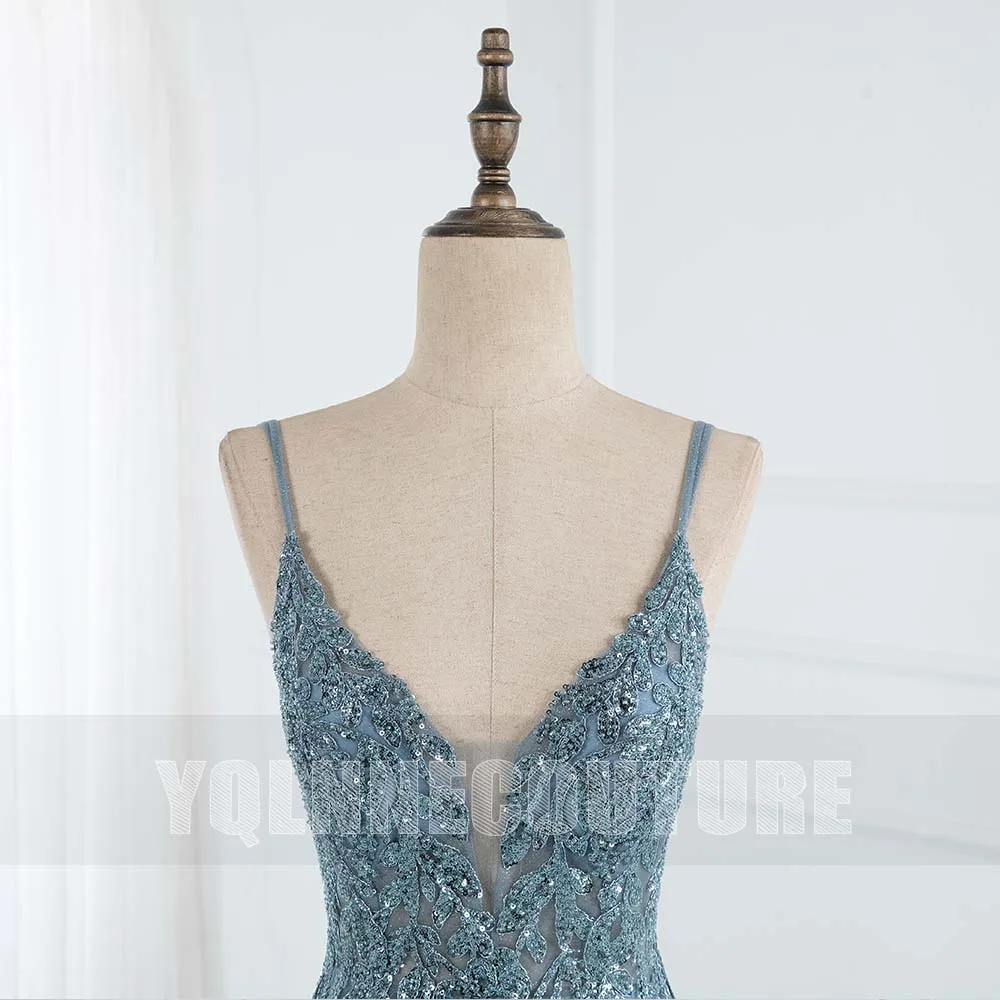 YQLNNE Dusty Blue คริสตัล Tulle ชุดราตรียาวสายรัดลูกปัด Backless ชั้นพรรคเซ็กซี่ชุด Slit จริงรูปภาพ