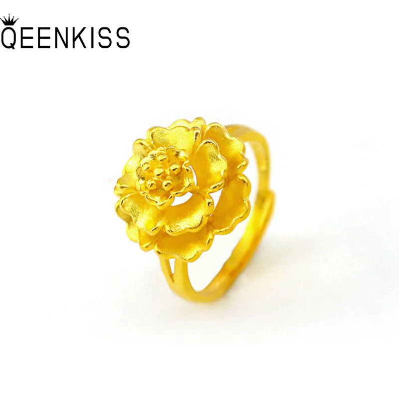 QEENKISS Gold Flower Rings For Women Adjustable Peony Ring Wedding Party Birthday Bride Ladies Girl Mother Fine Gifts RG514