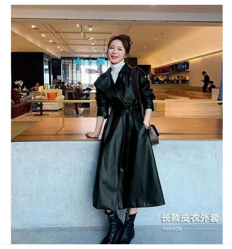 Nerazzurri Spring Black Oversized Long Waterproof Leather Trench Coat for Women 2021 Long Sleeve Loose Korean Fashion Clothing