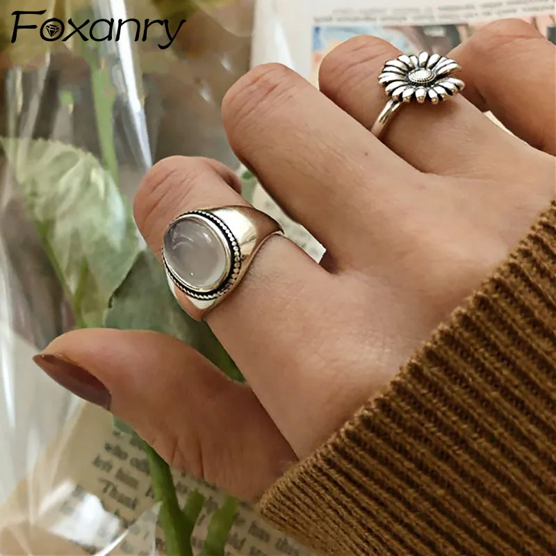 Foxanry Silver Color Couples Rings for Women Trendy Vintage Handmade White Agate Elegant Wedding Party Jewelry Gifts