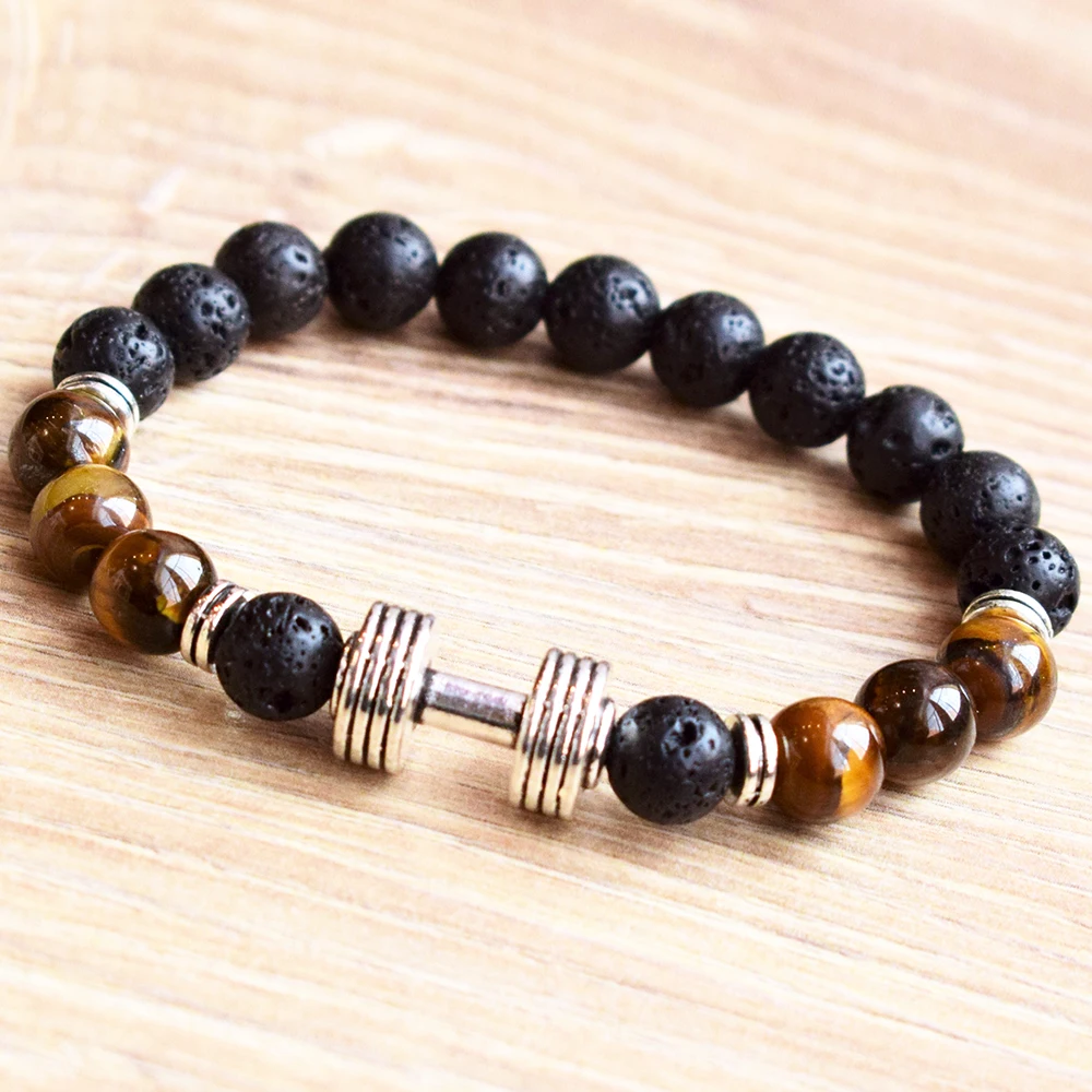 MG0776 Men`s Fitness Dumbbell Charm Bracelet 8 mm Tiger Eye Lava Stone Bracelet Weight Lifting Body Building Training Jewelry