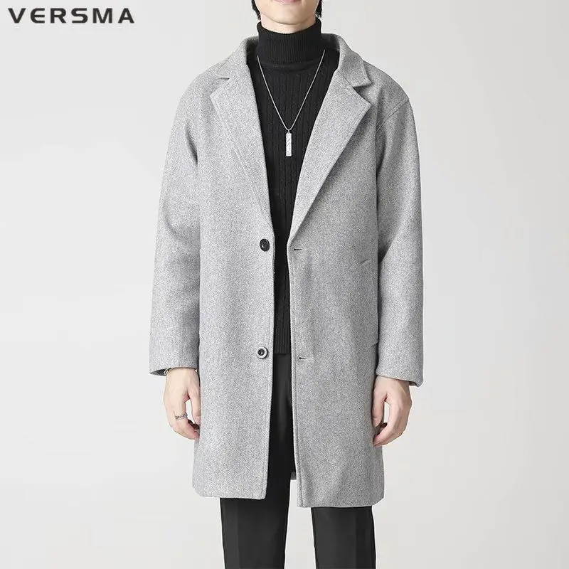 VERSMA Korea Fashion Kasual Longgar BF Kopi Wol Mantel Panjang Pria Musim Dingin Gaya Antik Pakaian Pria Jaket Panjang Mantel Mantel 3XL