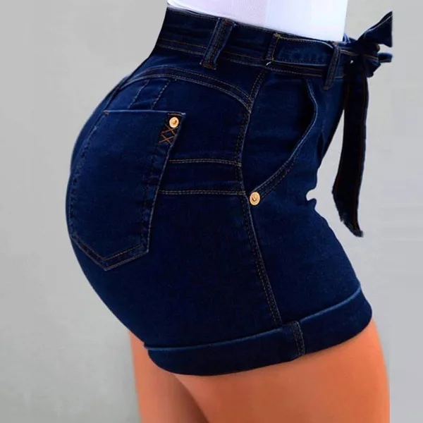 feminino Pockets Skinny Women Belted High Waist Washed Jeans Shorts Female Pockets Wash Denim high waist shorts ladies