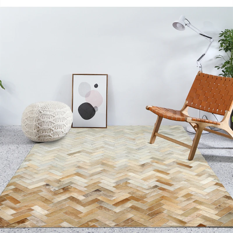 

High-quality Nordic Patchwork Natural Cowhide Rug, Gradient White Beige Stitching Cow Fur Leather Carpet Living Room Rugs ,