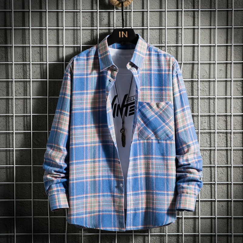 Men's Clothing Fashion Cotton Shirts Single Pocket Long Sleeve Youthful Soft Casual Plaid Checkered Top Male Shirts  for men
