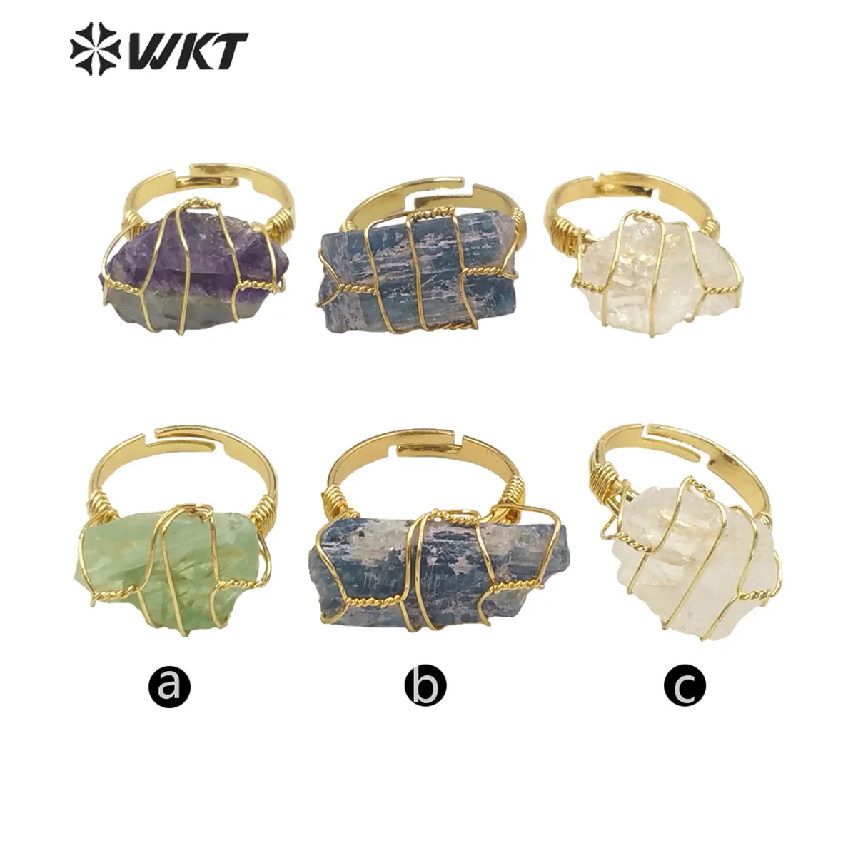 WT-R374 Wholesale Fashion Gold Plated Raw Stone Handmade Wire Wrapped Ring Kinds Of Color Women Vintage Bohemian Style Decorated
