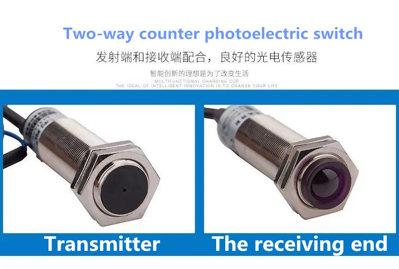 M12 M18 Laser Visible Light Sensor Thru-Beam สวิทช์20เมตรปรับ6-36VDC IP67 200mA NPN /PNP NO /NC